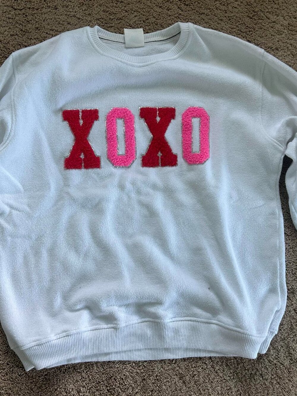 Pacific & Co White Crew Neck Sweater with Red and Pink XOXO Lettering